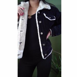 BLACK CORDUROY HURLEY JACKET FAUX FUR LINING TRIM